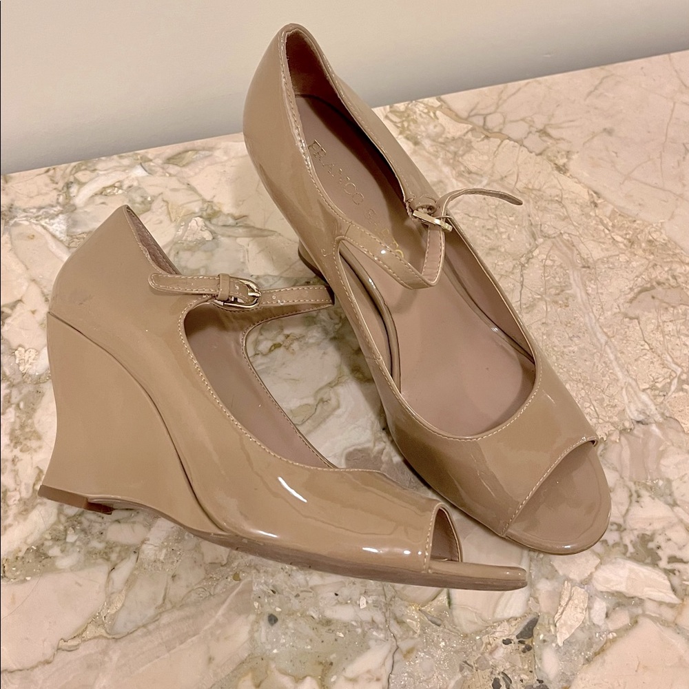 Franco Sarto Tan Patent Leather Peep Toe Wedge Heels